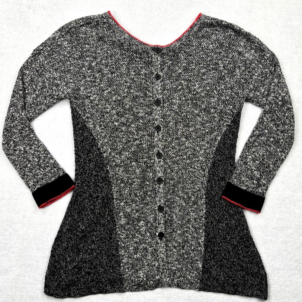 NIC+ZOE Cardigan Sweater Womens Medium Black White Marled Red Trim Button Front